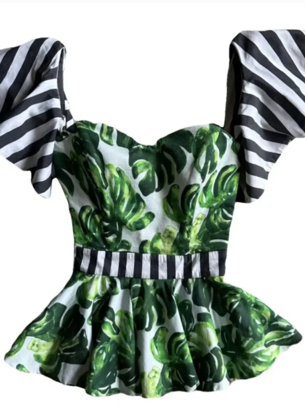 Caroline Constas Green Leaf Print Peplum Top with Black & White Stripe Sleeves